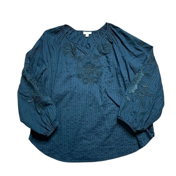 J. Jill Velvet Embellished Split Neckline Top Dark Teal Size Medium - Picture 2 of 8